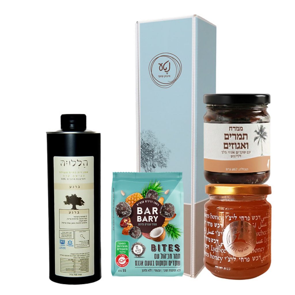 יין יבש מהצפון, ממרח תמרים ואגוזים מהדרום ושמן זית תוצרת העוטף | מתנה מושלמת לפסח מהעוטף עם משמעות